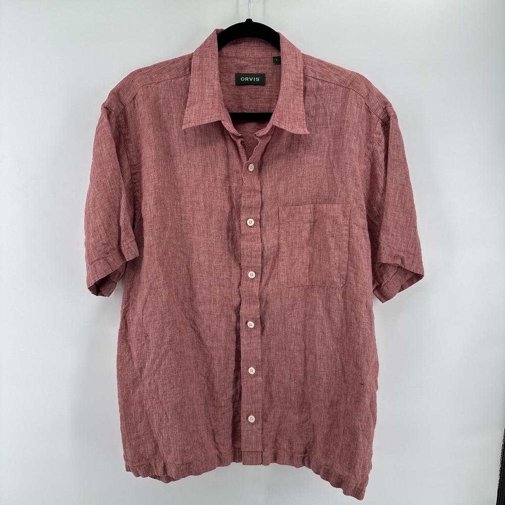 Orvis Men's 100% Linen Shirt Large Red Button Down Short Sleeve Casual Coastal